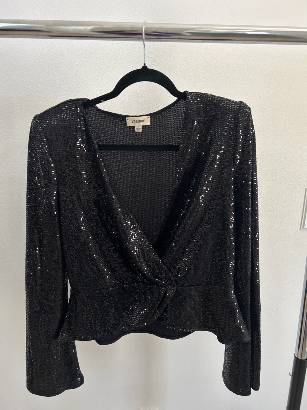 L'AGENCE Black Sequin Wrap Long Sleeve Top
